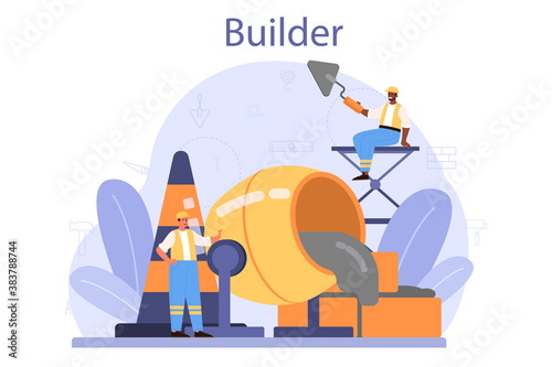 Builder concept. Professional workers constructing home with tools