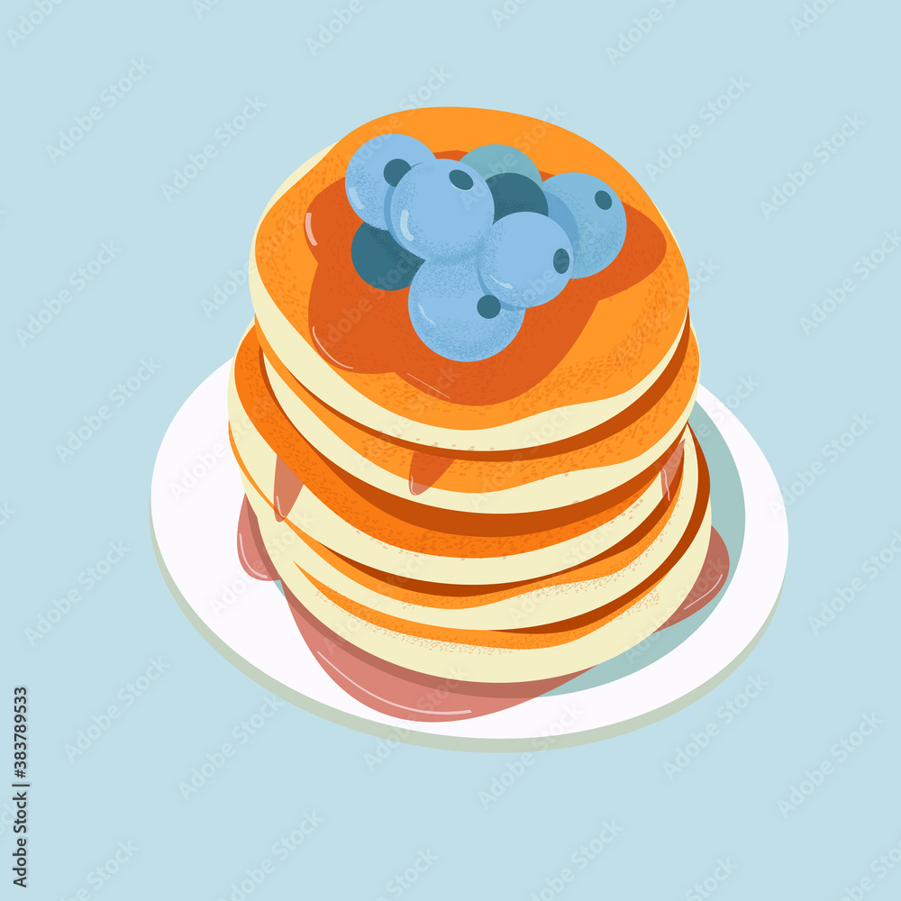 Pancakes on plate with syrup and berries. Vector baking illustration Pancakes on plate with syrup and berries. Vector baking illustration