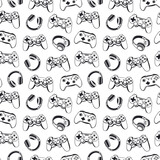 Vector seamless pattern with joysticks and headphones for textiles. Game background for design on a white background.