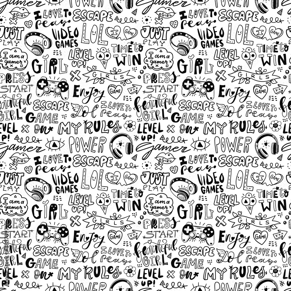 Seamless pattern with lettering, hearts, headphones, gamepad on a white background for a girl. Cool background for girly design, hand-drawn, doodles. Text: lol, gamer, video games, power, enjoy..