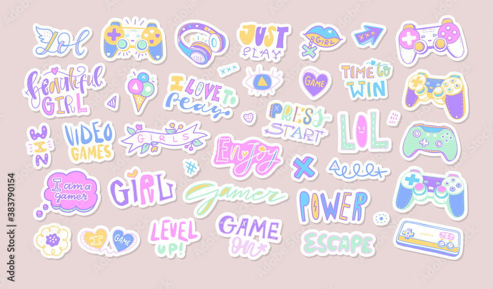 Set of vector stickers, cute badges with phrases, funny joysticks,  motivation. Lettering collection for gamer girl, text: beautiful girl, lol,  power, video game, play. Stock Vector | Adobe Stock