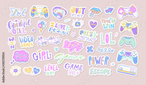 Set of vector stickers, cute badges with phrases, funny joysticks, motivation. Lettering collection for gamer girl, text: beautiful girl, lol, power, video game, play.