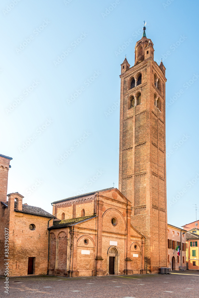 View at the Bell tower and Church of Sagra Santa Maria in Castello in Carpi, Italy
