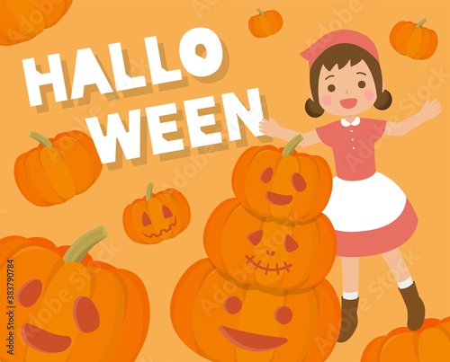 Halloween girl with pumpkin poster, card graphic design, cartoon comic vector illustration