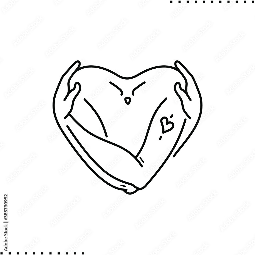 arms hug, self love heart shape vector icon in outline Stock Vector
