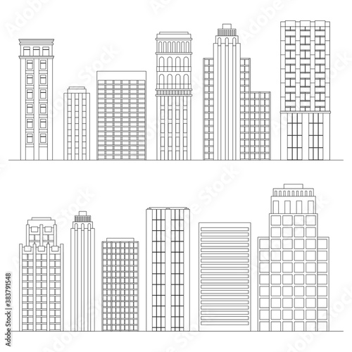 Set of line skyscrapers. Black and white