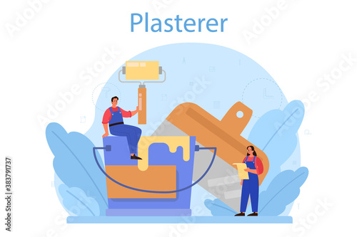 House wall plasterer concept. People in the uniform plastering