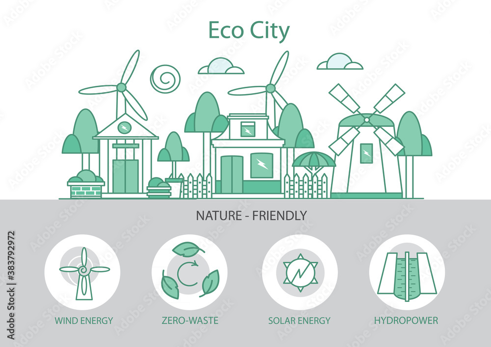 Web template with illustration of eco city. Futuristic urban background with skyscrapers and office buildings