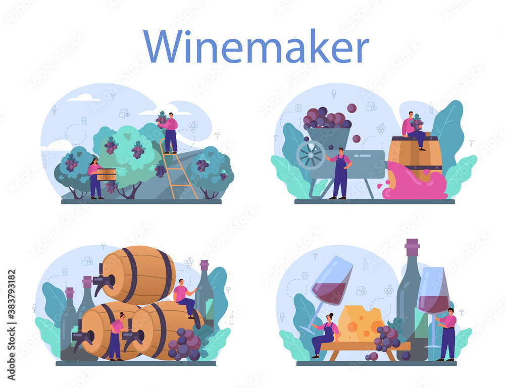 Fototapeta premium Wine maker concept set. Grape wine in a wood barrel, bottle