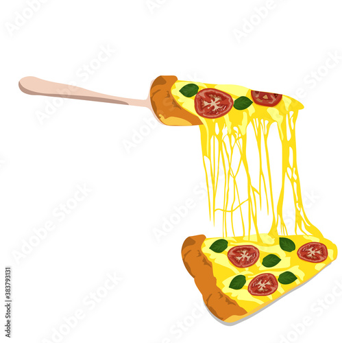 Pizza slice with hot melted cheese vector stock illustration.  Pizza Margarita with mozzarella cheese, basil and tomato, template for your design and menu of restaurant. Close up. Isolated on a white 