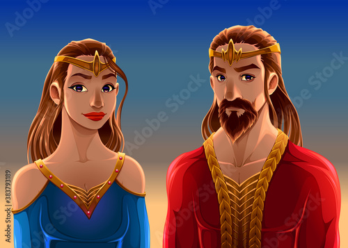 Cartoon portrait of a king and a queen. Vector fantasy illustration
