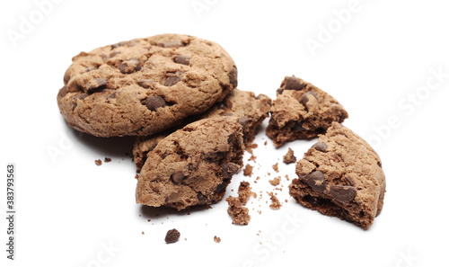 Broken round chocolate chip cookie with crumbs isolated on white background