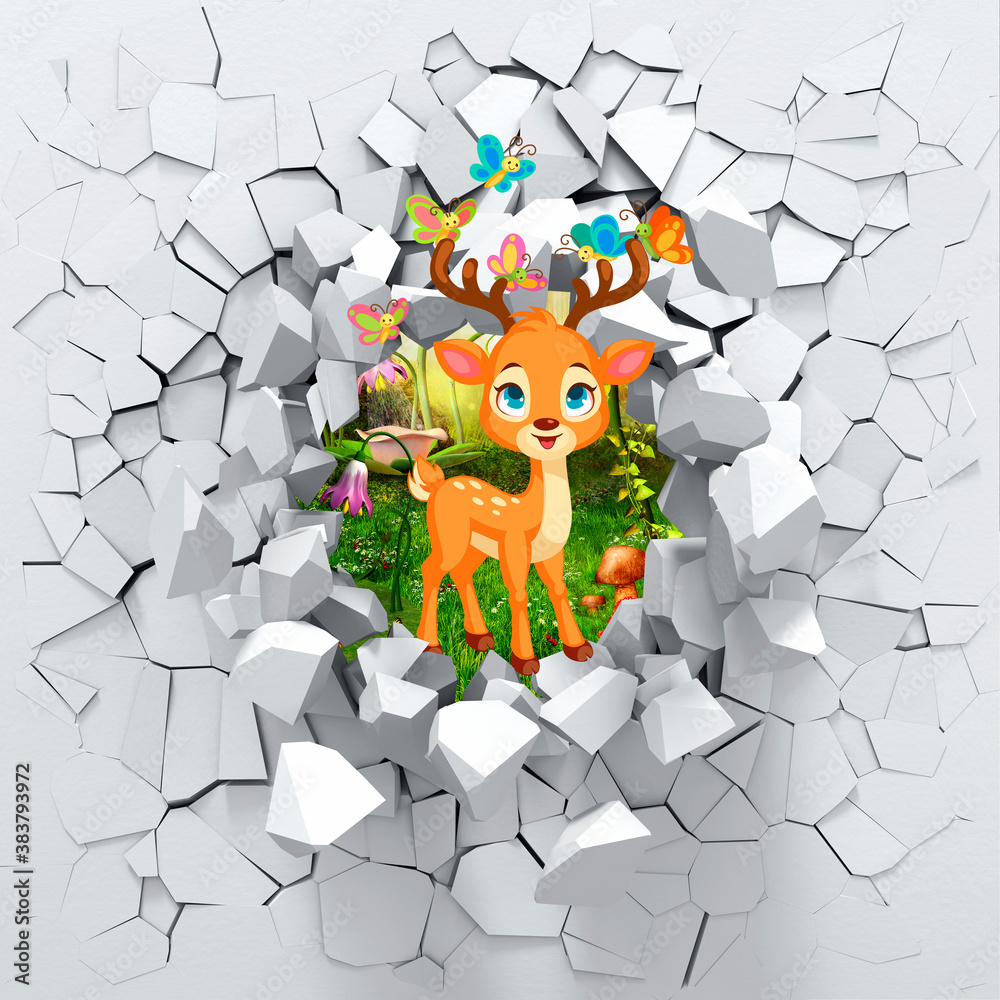 3D background, deer peeping from a broken wall.3D wall looks very lovely and also brings different colors to room! It will visually expand children's room and become an accent in the interior