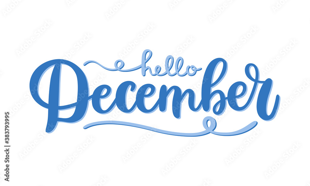 Hand-drawn typography lettering phrase Hello December isolated on white background. Handwritten vector art for greeting card, logo, print, or poster. Winter inspiration calligraphy design. Hand-drawn typography lettering phrase Hello December isolated on white background. Handwritten vector art for greeting card, logo, print, or poster. Winter inspiration calligraphy design.