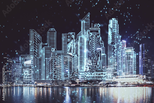 Photography Double exposure of buildings hologram over cityscape background