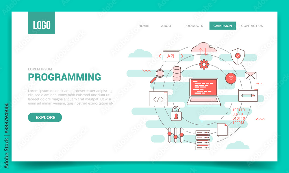 programming concept with circle icon for website template or landing page banner homepage