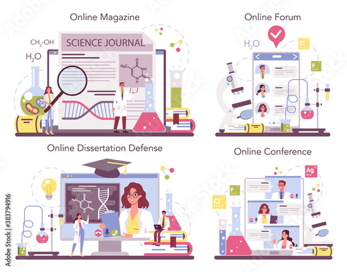 Chemistry science online service or platform set. Scientific experiment