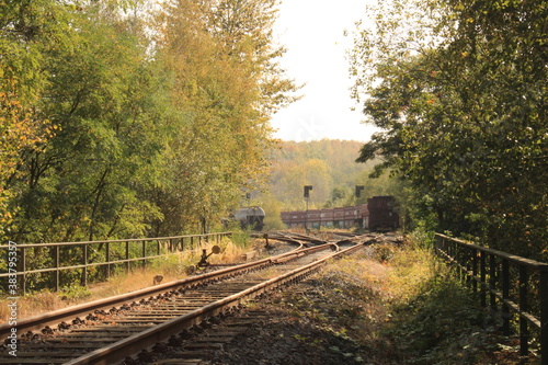Closeup shot of a railroad and a field 