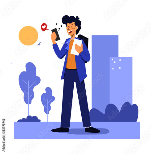 illustration of young man listening music from smartphone flat design vector