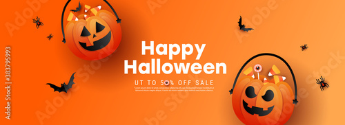 Happy halloween background template with terrible face pumpkin and color candy, bats with text on orange background.