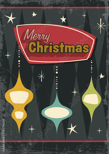 Merry Christmas Greeting Card Mid Century Modern Style, Retro Colors and Shapes 1950s Winte Holidays Noel Poster, Cover, Postcard Template 