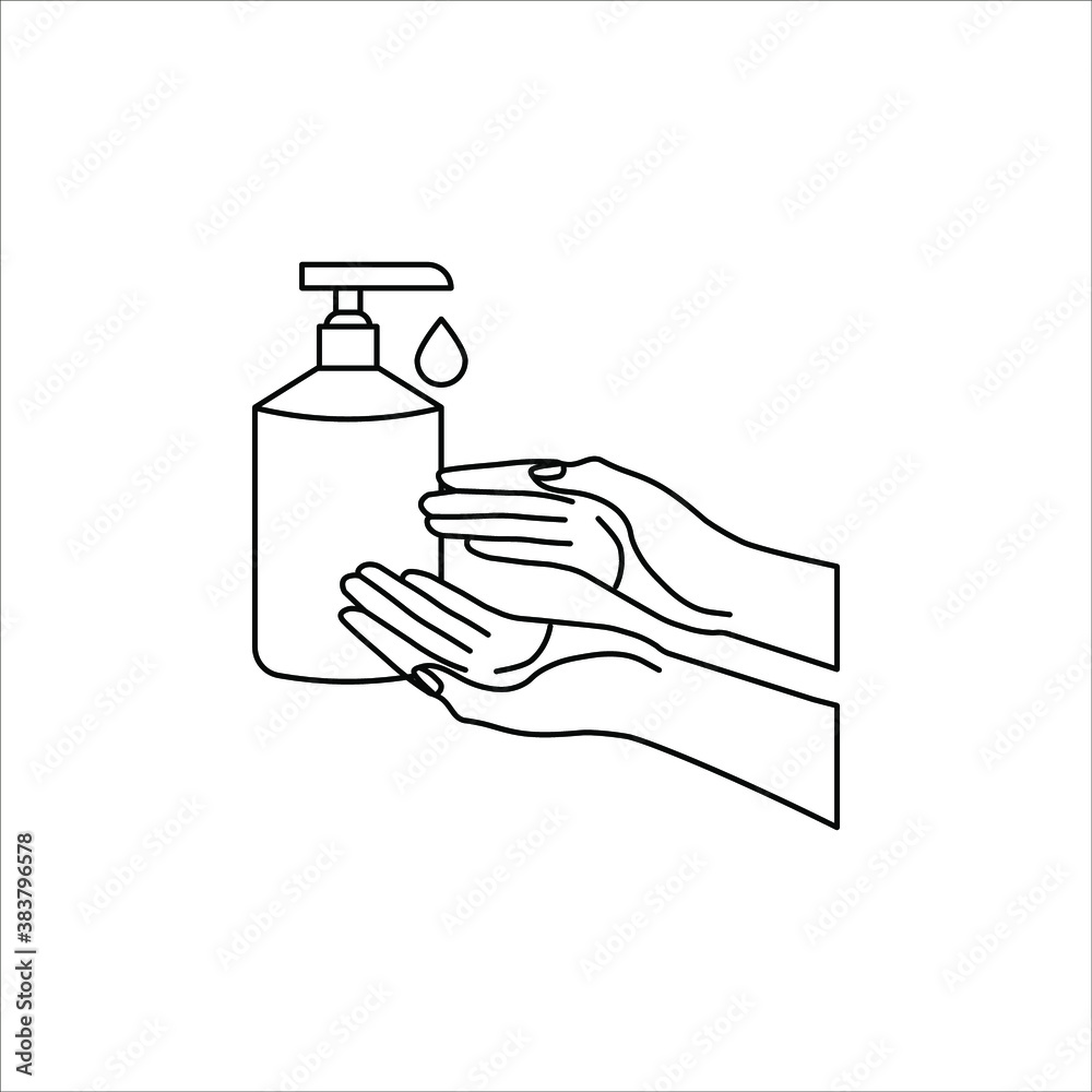Washing hand with sanitizer liquid soap vector line icon. eps 10 Washing hand with sanitizer liquid soap vector line icon. eps 10