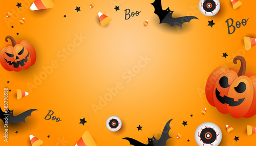 Halloween mockup design frame with pumpkin, color candy, big eye, bats on orange background. Horizontal holiday poster, header for website