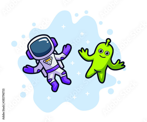 Cute astronaut and aliens cartoon character design vector illustration