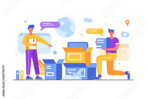 Couriers work on parcels to ship worldwide, web, mail, isolated on white background, flat vector illustration.