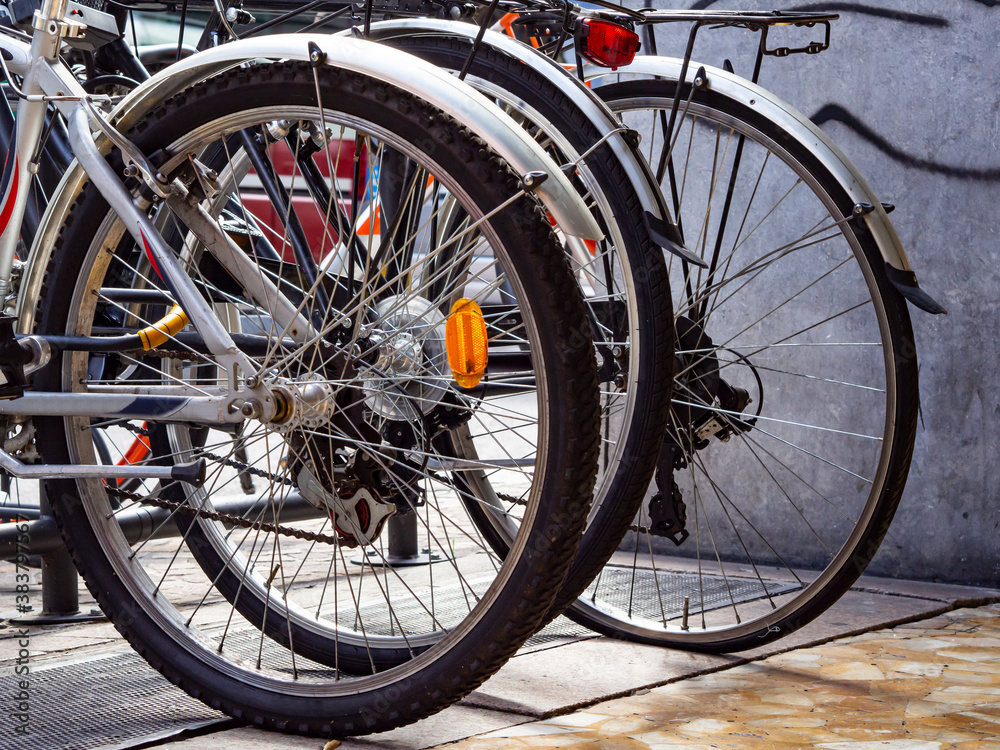 Bike parking close-up of rear tyresi