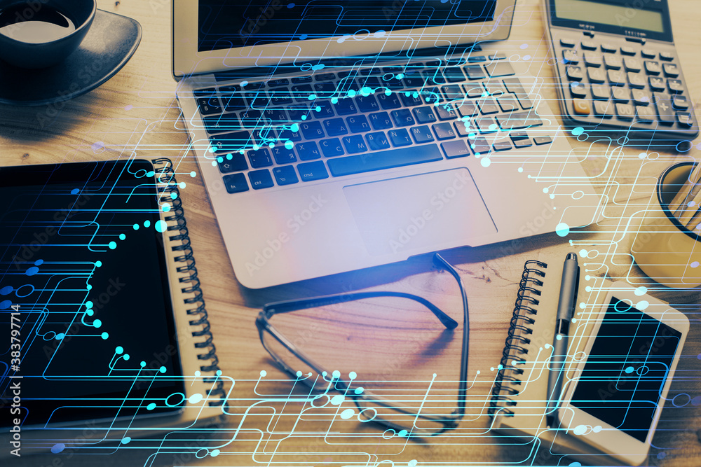 Double exposure of table with computer on background and data theme drawing. Concept of innovation. Double exposure of table with computer on background and data theme drawing. Concept of innovation.