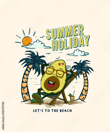 design summer holiday, avocado mascot  let's go to the beach