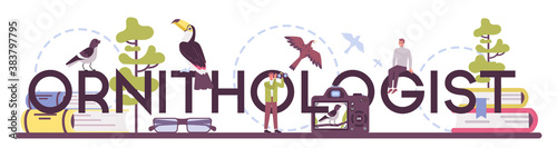 Ornithologist typographic header. Professional scientist study birds. Zoologist