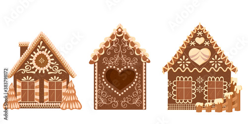 a set of three bakery houses. Christmas gingerbread. chocolate cookies in the form of houses with decorations. Christmas sweets and gifts. street of fairy houses