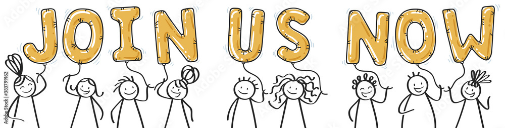 Join us now stick figures human resources balloons banner - obrazy, fototapety, plakaty 