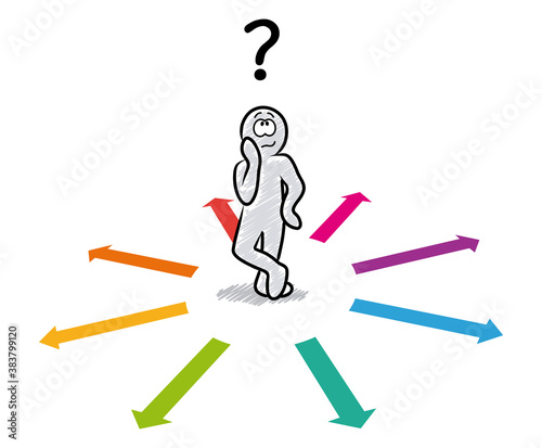 Decision making: Figure with question mark and colourful arrows / Vector drawing