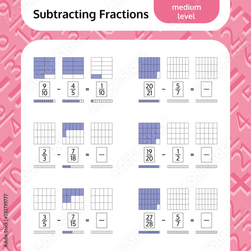 Subtracting Fractions Mathematical Worksheet Set. Squares. Coloring Book Page. Math Puzzle. Educational Game.  photo