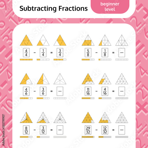 Subtracting Fractions Mathematical Worksheet. Triangles. Coloring Book Page. Math Puzzle. Educational Game. 