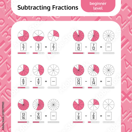 Subtracting Fractions Mathematical Worksheet. Coloring Book Page. Math Puzzle. Educational Game. 