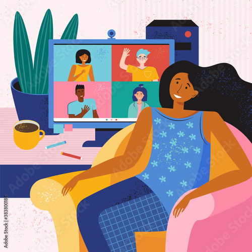 People stay at home. Video conference from home for online meetings, distant discussion. Teleconference with Friends. Iillustration of a cozy desktop with a computer, indoor plants. Social distancing.