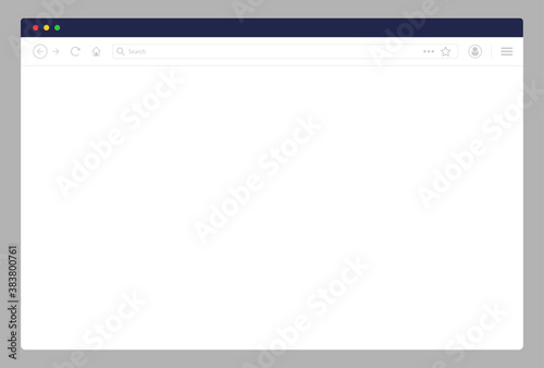 Browser mockup. Internet window for computer. Web page with search field. Isolated browser winow with blank white page. Desktop interface frame. Website template. Vector EPS 10.