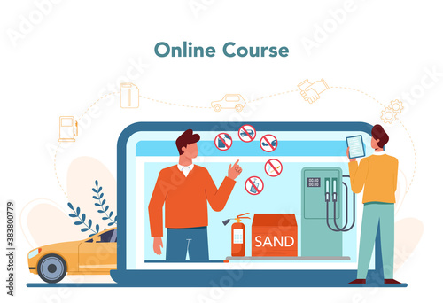 Gas station worker or refueler online service or platform. photo