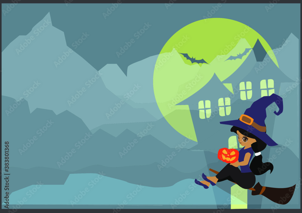 Vector and illustration of beautiful Halloween witch lady wearing fancy black dress and witch hat 