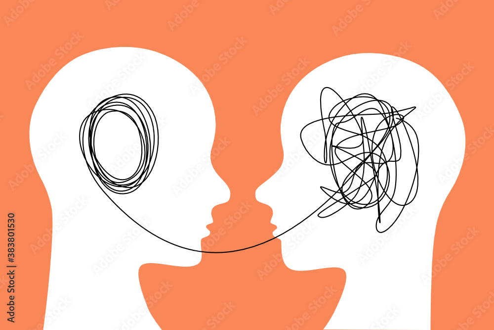 Human heads connected with one line. Telepathy concept. Vector. - obrazy, fototapety, plakaty 