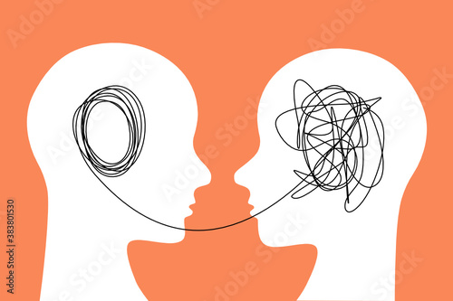 Human heads connected with one line. Telepathy concept. Vector.