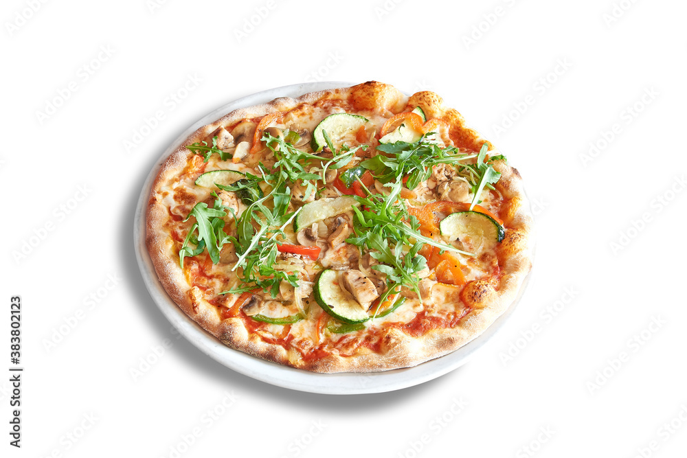 White plate with round pizza and mushroom. White plate with round pizza and mushroom.