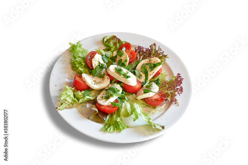 White plate with tomatoes and mozzarella on salad.