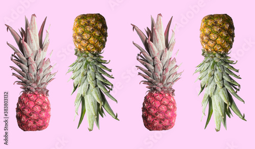 patter. bright pineapple on a pink background. minimalistic style. the view from the top. isolate