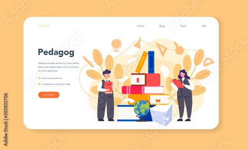 Teacher web banner or landing page. Profesor standing in front