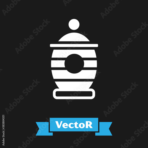 White Funeral urn icon isolated on black background. Cremation and burial containers, columbarium vases, jars and pots with ashes. Vector.